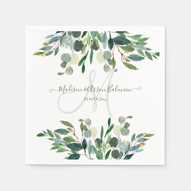 Servilleta De Papel Elegante acuarela Gum azul Eucalyptus Monograma (Anverso)