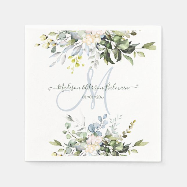 Servilleta De Papel Elegante acuarela Gum azul Eucalyptus Monograma (Anverso)