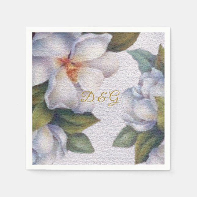 Servilleta De Papel Elegante acuarela Marfil Magnolia Monograma dorado (Anverso)