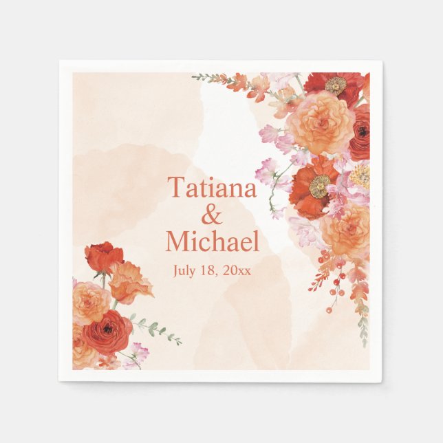 Servilleta De Papel elegante acuarela naranja flores boda elegante (Anverso)