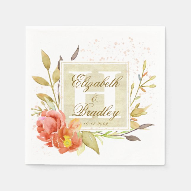 Servilleta De Papel Elegante acuarela otoño Floral Monograma Pareja (Anverso)