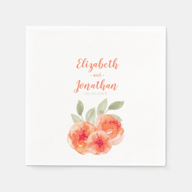 Servilleta De Papel Elegante acuarela Peach Peonies Boda Floral (Anverso)