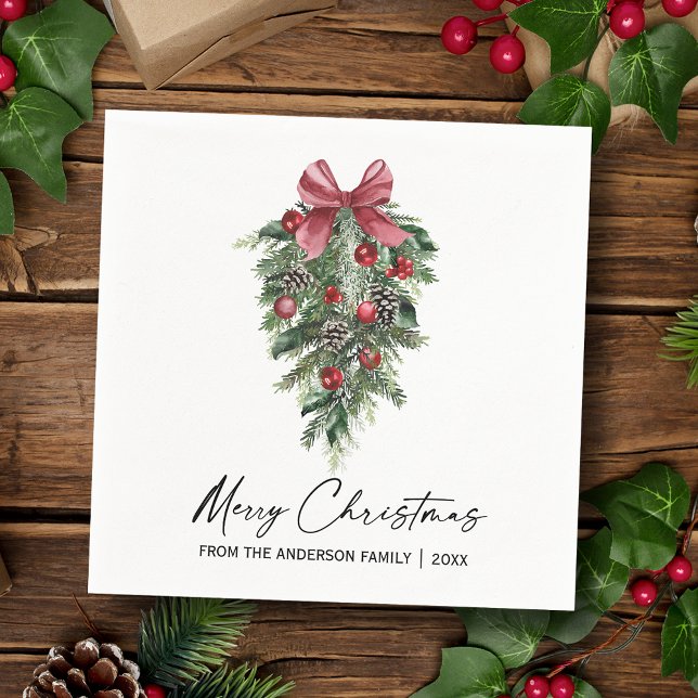 Servilleta De Papel Elegante acuarela Pines Calligraphy Ink Navidades (Customize to change your personalized text size or text style.)