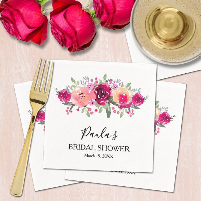 Servilleta De Papel Elegante acuarela rosa Floral Bridal Shower (Chic watercolor pink and cream floral bridal shower personalized napkins)