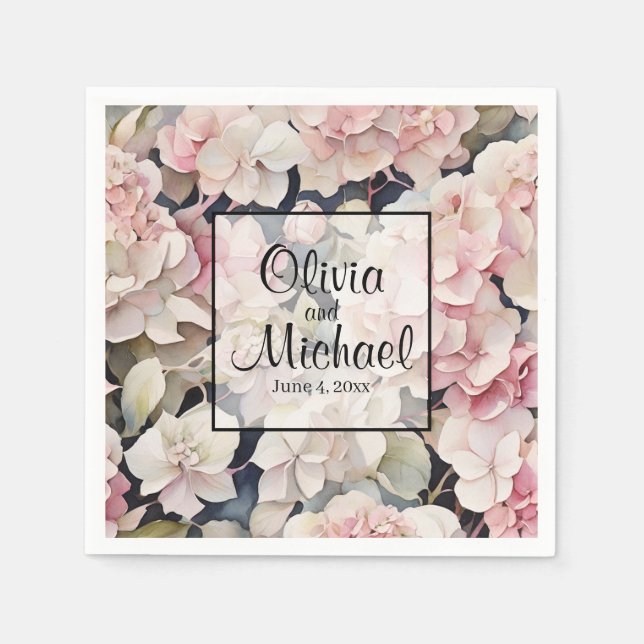Servilleta De Papel Elegante acuarela rosa hidrangeas florales (Anverso)