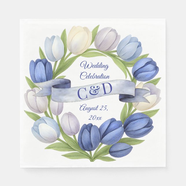 Servilleta De Papel Elegante acuarela Tulip Wreath Boda Marfil Azul (Anverso)