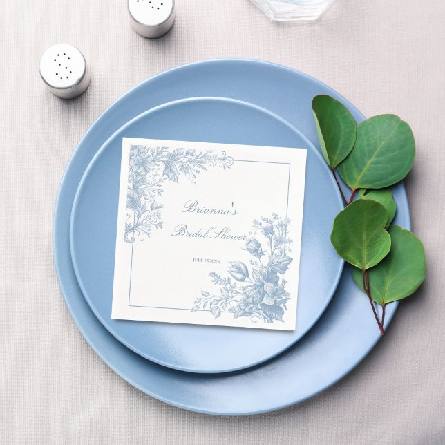 Servilleta De Papel Elegante anagrama azul chinoiserie francesa impres (Elegant French toile chinoiserie dusty blue monogram printed Napkins bridal shower table decor)