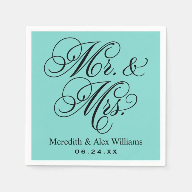Servilleta De Papel Elegante Aqua Blue Mr. y Mrs. Script Monogram (Anverso)
