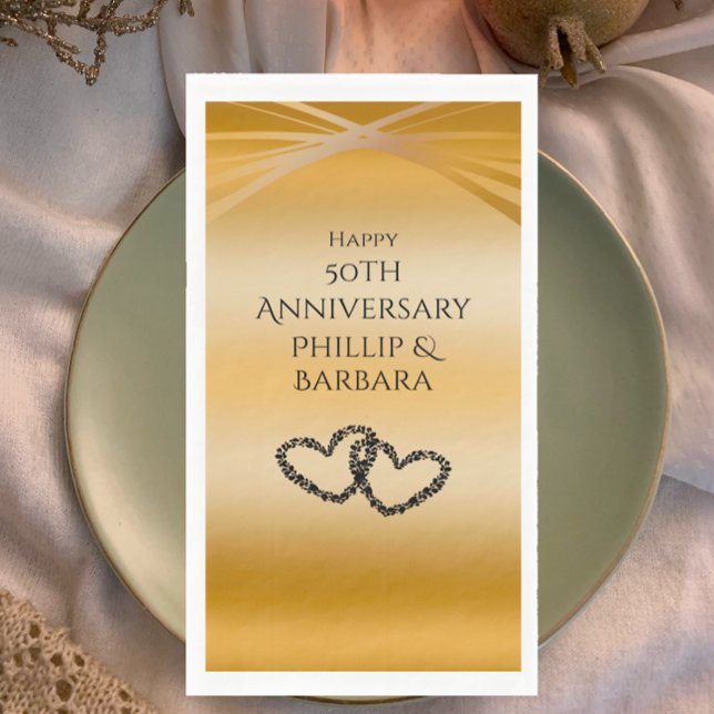 Servilleta De Papel Elegante Arco de Oro 50 Aniversario (Throw a beautiful 50th Wedding Anniversary Party with personalized unique golden arch heart napkins.)