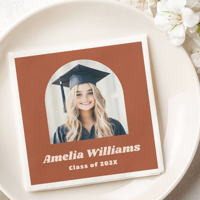 Servilleta De Papel Elegante arco graduado foto retro nombre terracota (Elegant arch graduate photo retro name terracotta napkins)