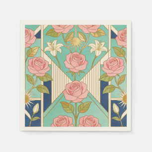Servilleta De Papel Elegante Art Deco Rosas Rosadas y Floral Turquesa