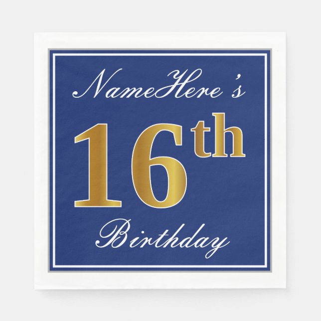 Servilleta De Papel Elegante azul, falso oro 16º cumpleaños; nombre pe (Anverso)