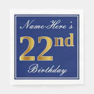 Servilleta De Papel Elegante azul, falso oro 22 cumpleaños; nombre per
