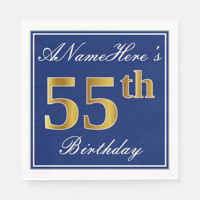 Servilleta De Papel Elegante azul, falso oro 55 cumpleaños; nombre per (Anverso)
