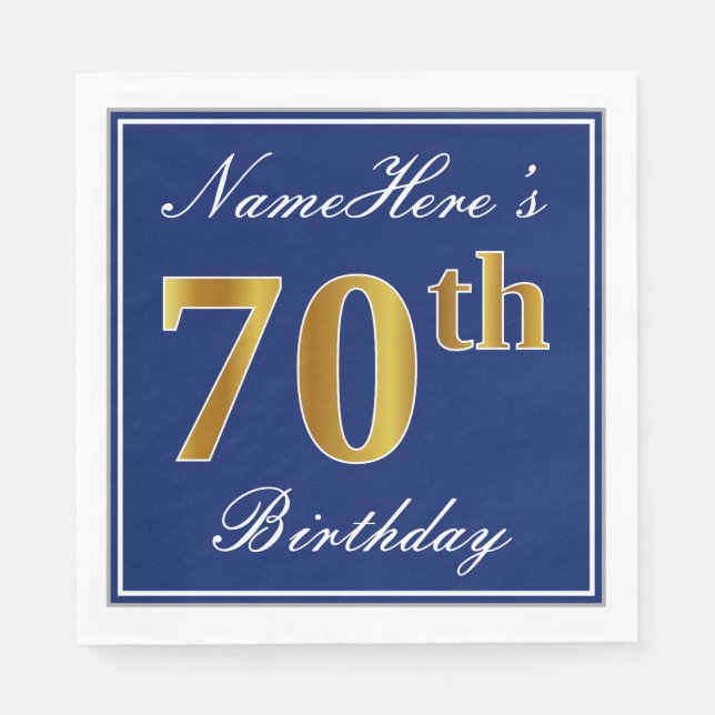 Servilleta De Papel Elegante azul, falso oro 70 cumpleaños; nombre per (Anverso)