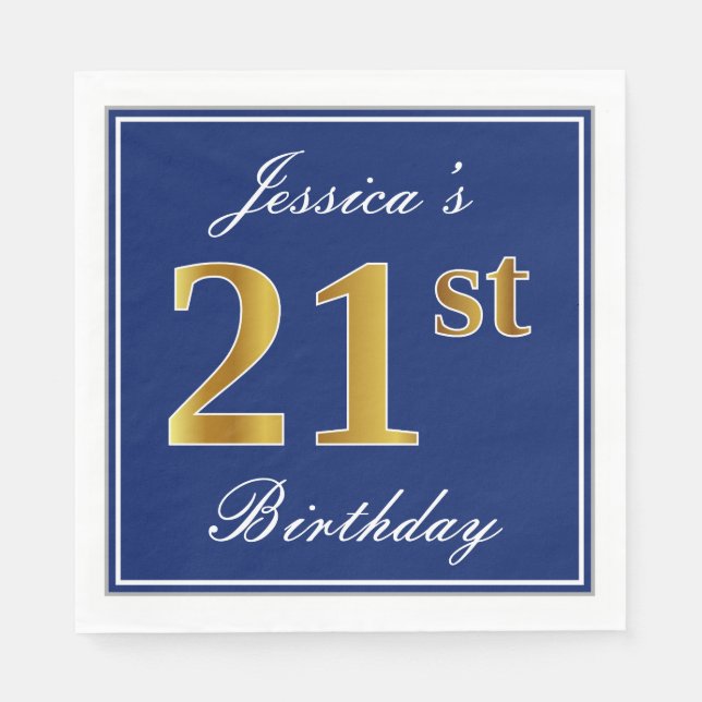 Servilleta De Papel Elegante Azul, Faux Gold 21st Birthday; Nombre per (Anverso)