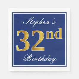 Servilleta De Papel Elegante Azul, Faux Gold 32nd Birthday; Nombre per