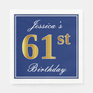 Servilleta De Papel Elegante Azul, Faux Gold 61st Birthday; Nombre per