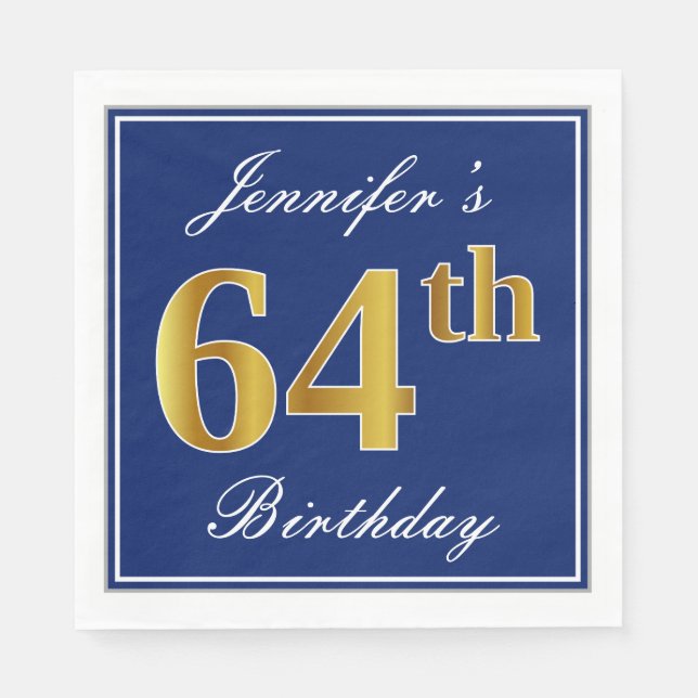 Servilleta De Papel Elegante Azul, Faux Gold 64th Birthday; Nombre per (Anverso)