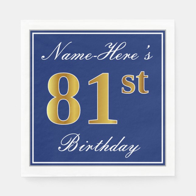 Servilleta De Papel Elegante Azul, Faux Gold 81st Birthday; Nombre per (Anverso)