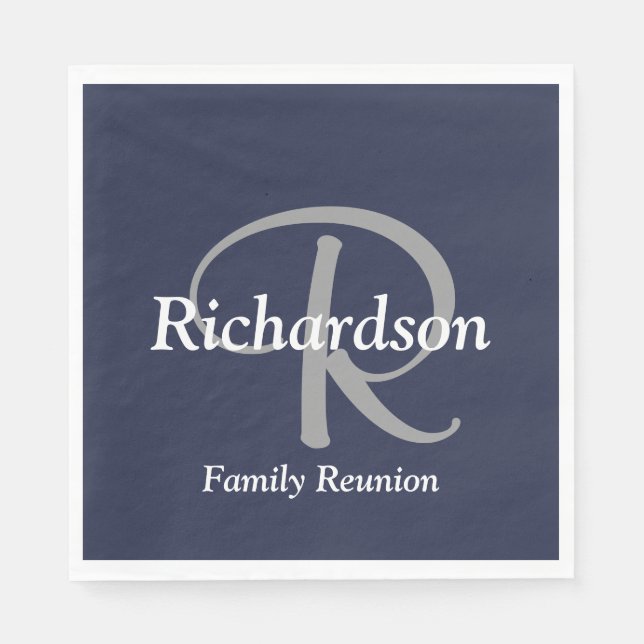 Servilleta De Papel Elegante Azul Marino Blanco Gris Plateado Monogram (Anverso)
