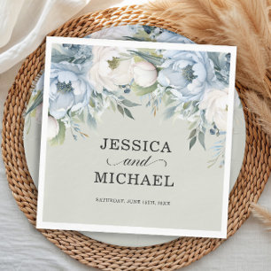 Servilleta De Papel Elegante azul polvoriento marfil floral verde salv