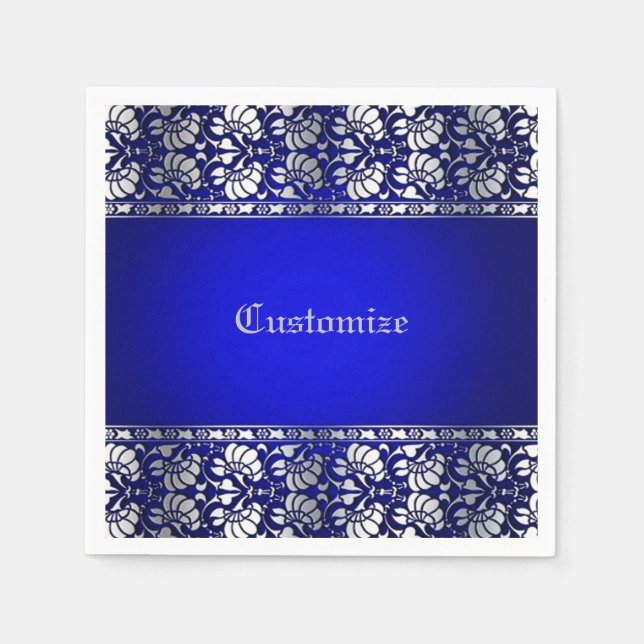 Servilleta De Papel Elegante Azul y Personalizado de Plata (Anverso)