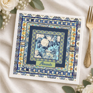 Servilleta De Papel Elegante azulejo floral azul chinoiserie monograma