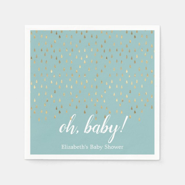 Servilleta De Papel Elegante Baby Blue & Gold Raindrop Baby Shower (Anverso)