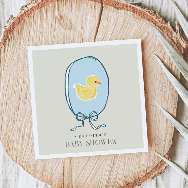 Servilleta De Papel Elegante Baby Shower de cinta dudosa de caucho (Elegant meets cute rubber ducky Baby Shower napkins featuring a yellow ducky framed in a blue ribbon)