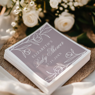 Servilleta De Papel Elegante Baby Shower de Flores Dibujadas en Morado