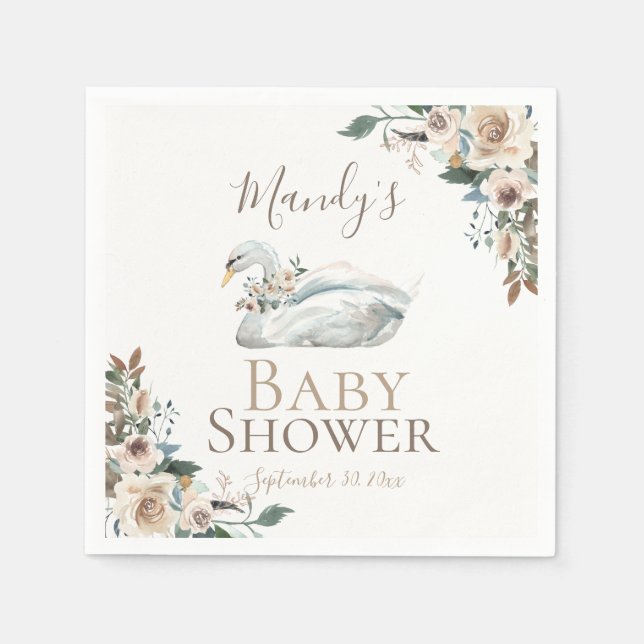 Servilleta De Papel Elegante Baby Shower neutro floral de cisne (Anverso)