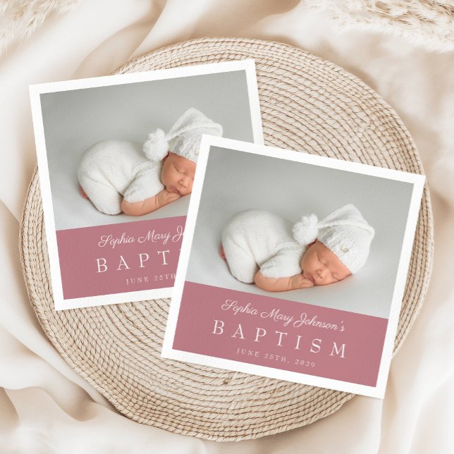 Servilleta De Papel Elegante Baptismo de foto guion rosa y turbio (Elegant Dusty Pink Script Photo Baptism Napkins)