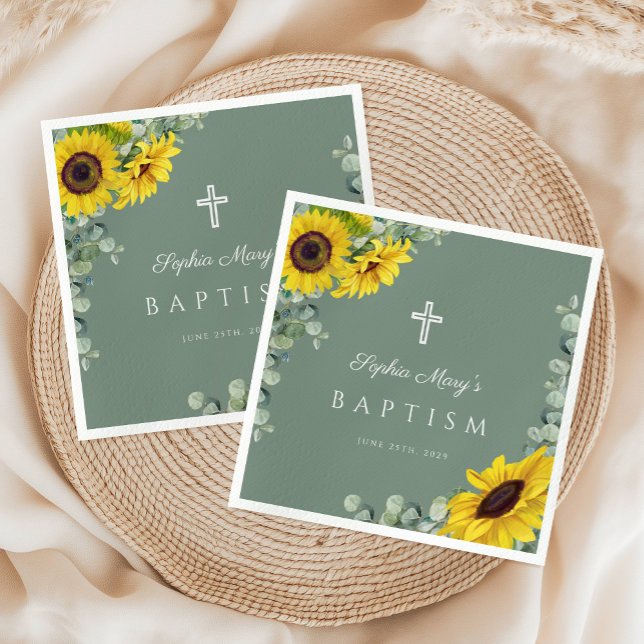 Servilleta De Papel Elegante Baptismo de la Cruz Floral Verde Sage (Elegant Sage Green Floral Cross Baptism Napkins)