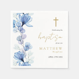 Servilleta De Papel Elegante Baptismo Floral Azul Polvoriento Azul Tra