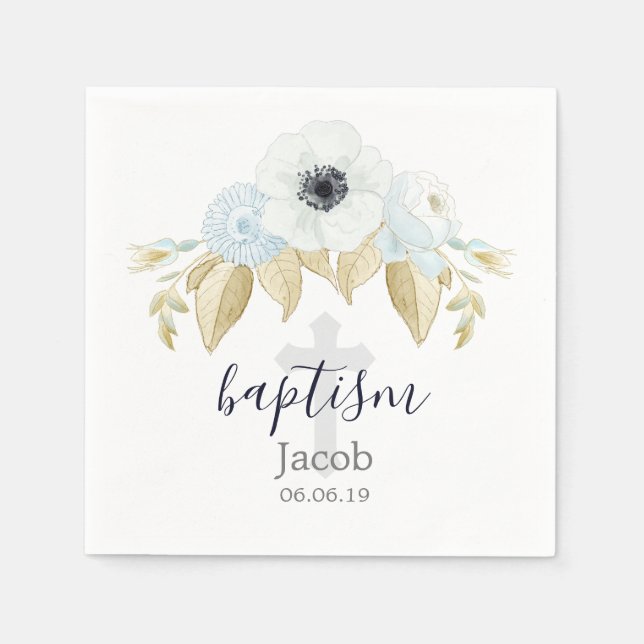 Servilleta De Papel Elegante Baptismo Floral Azul y Blanco (Anverso)