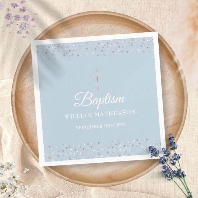 Servilleta De Papel Elegante bautismo azul Christening Silver Hearts (Subido por el creador)