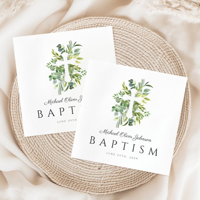 Servilleta De Papel Elegante bautismo biológico religioso (Elegant Botanical Religious Cross Baptism Napkins)