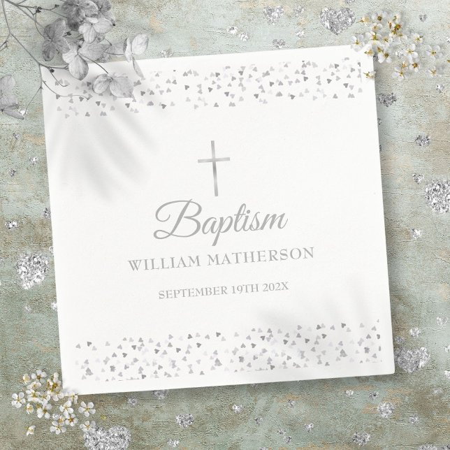 Servilleta De Papel Elegante bautismo Christening Silver Hearts (Elegant Baptism Christening Silver Hearts Napkins)