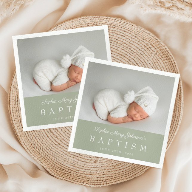 Servilleta De Papel Elegante Bautismo con Guión Verde Masaje (Elegant Sage Green Script Photo Baptism Napkins)