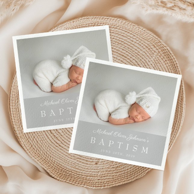 Servilleta De Papel Elegante bautismo de foto con guión gris (Elegant Gray Script Photo Baptism Napkins)
