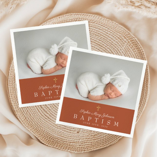 Servilleta De Papel Elegante bautismo de foto de la cruz religiosa de  (Elegant Religious Cross Terracotta Photo Baptism Napkins)