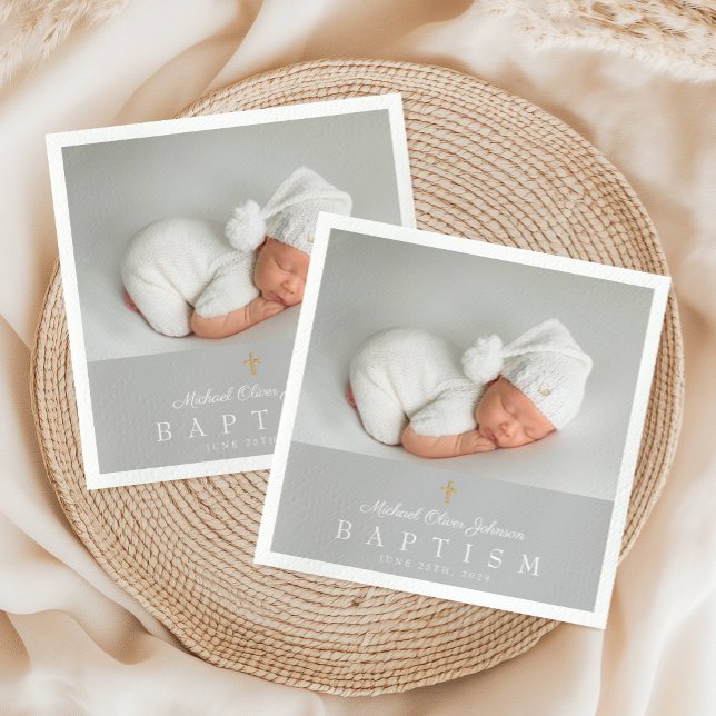 Servilleta De Papel Elegante bautismo de foto religiosa cruzada gris (Elegant Religious Cross Gray Photo Baptism Napkins)