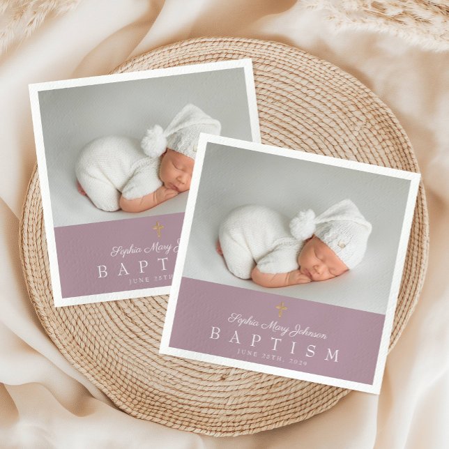 Servilleta De Papel Elegante bautismo de foto religiosa cruzada violet (Elegant Religious Cross Purple Photo Baptism Napkins)