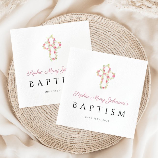 Servilleta De Papel Elegante bautismo floral cruzado rosa (Elegant Religious Cross Pink Floral Baptism Napkins)