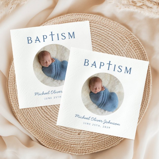 Servilleta De Papel Elegante bautismo fotográfico con escritura azul (Elegant Blue Script Photo Baptism Napkins)