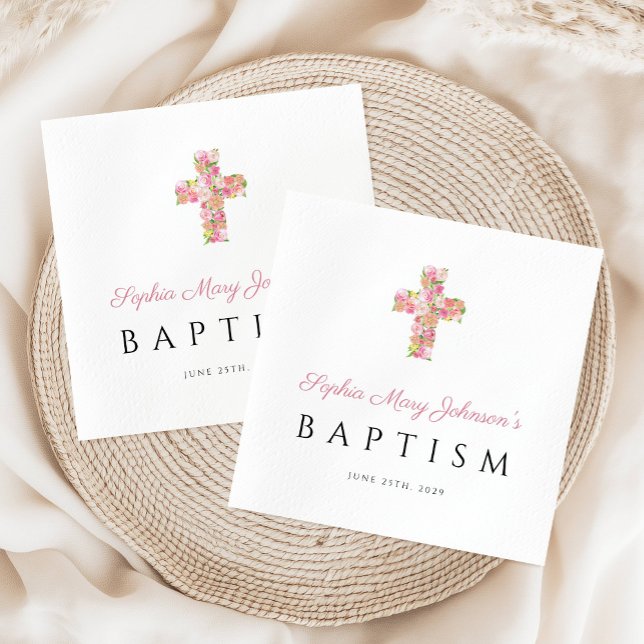 Servilleta De Papel Elegante Bautismo Religioso de Cruz Floral Rosa (Elegant Religious Pink Floral Cross Baptism Napkins)