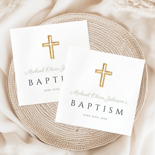 Servilleta De Papel Elegante Bautismo Religioso Verde Masaje (Elegant Sage Green Religious Cross Baptism Napkins)