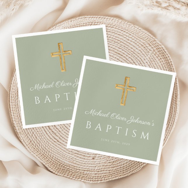 Servilleta De Papel Elegante Bautismo Religioso Verde Masaje (Elegant Sage Green Religious Cross Baptism Napkins)