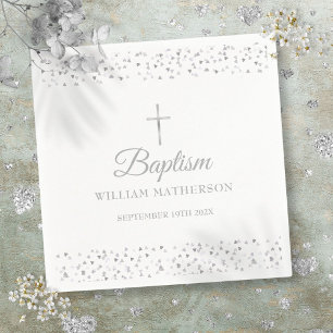 Servilleta De Papel Elegante Bautizo Cristiandad Corazones de Plata